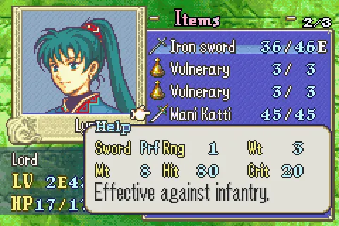 Stats untuk pedang Mani Katti di Fire Emblem Blazing Sword